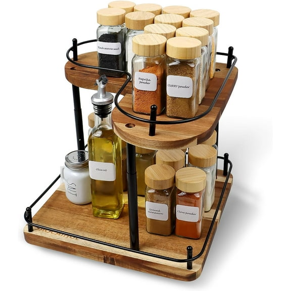 YANGLI Acacia Wood 2-Tier Lazy Susan Spice Rack – Rotating Countertop Organizer, Adjustable Height