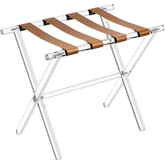 YANGLI Acrylic Luggage Rack with Leather Straps, Foldable Suitcase Stand, 50-100 lb Capacity, Brown with Handle, for Guest Room & Hotel
