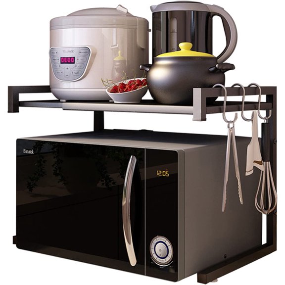 YANGLI Adjustable Carbon Steel Microwave Oven Rack, 2-Tier with 3 Hooks, Black