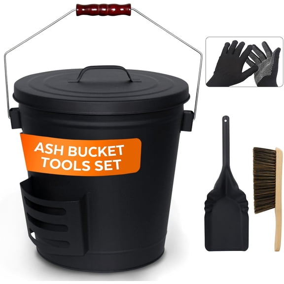 YANGLI Ash Bucket with Lid & Shovel, 5.2 Gallon Metal Fireplace Ash Can with Broom, Complete Tool Set
