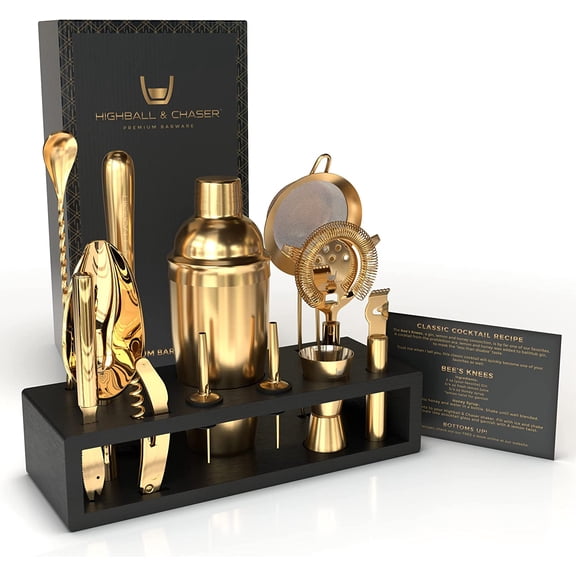 YANGLI Bartender Kit with Espresso Bamboo Stand – Cobbler Cocktail Shaker Set, Matte Gold