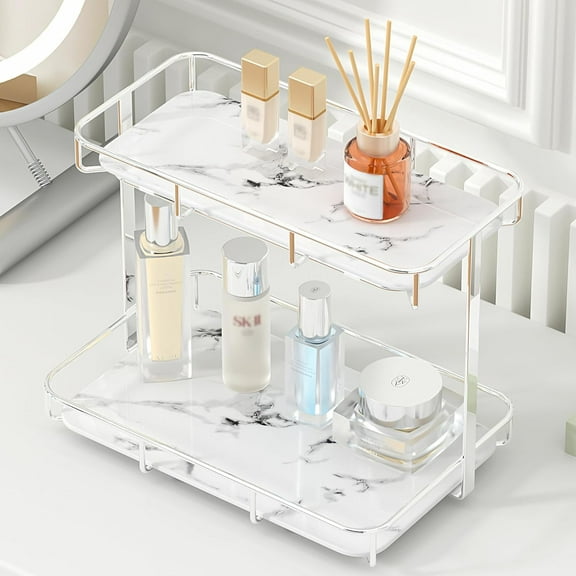 YANGLI Bathroom Organizer Countertop, Stainless Steel & Gold Shelf Vanity Tray, White Marble Ceramic