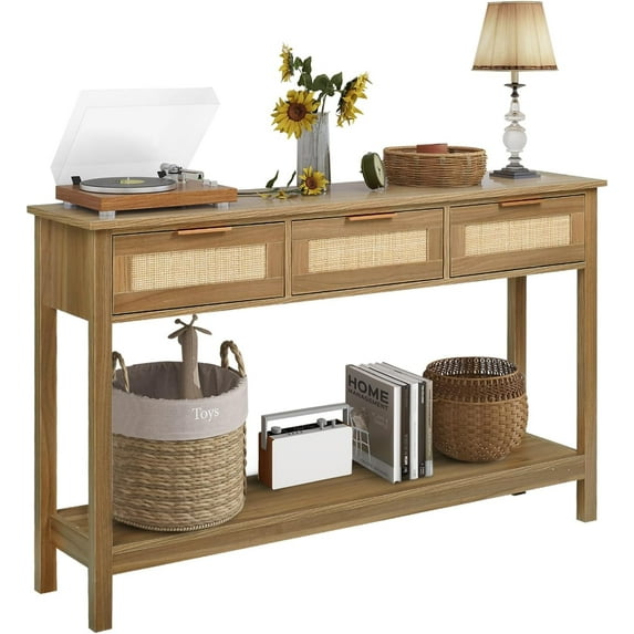 YANGLI Boho Rattan Console Table, Narrow Long Sofa Table for Entryway/Hallway/Foyer, with 3 Drawers & Open Storage Shelf, Brown