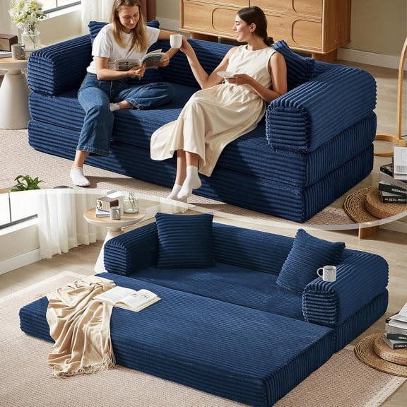 YANGLI Boneless Couch Versatile Couches for Living Room No-Install Sofa Bed Corduroy Futon Soft Cloud Couch with Pillows for Bedroom, Game, Movie Dark Blue 76"
