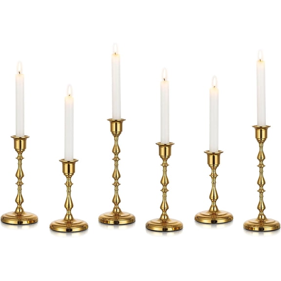YANGLI Brass Candlestick Holders Set of 6 - Vintage Gold Taper Candle Holder for Dining Table, Wedding, Christmas Party