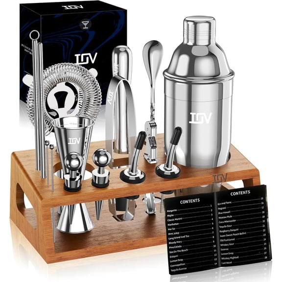 YANGLI Cocktail Shaker Set with Stand Silver Bar Set with Recipe Book