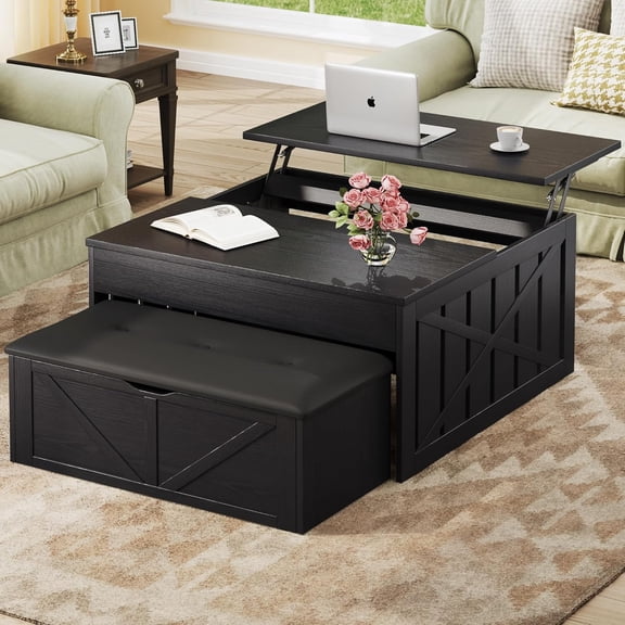 YANGLI Coffee Table, 31.5" Lift Top with Storage Hidden Compartment, Farmhouse with Ottoman Bench, Center Table with Wooden Lift Tabletop for Living Room, Black