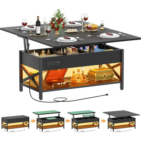 YANGLI Coffee Table Lift Top Multi-Function Converts to Dining Table, with LED Light & Power Outlet, Center Table with Shelves for Living Room/Reception/Home Office, Black