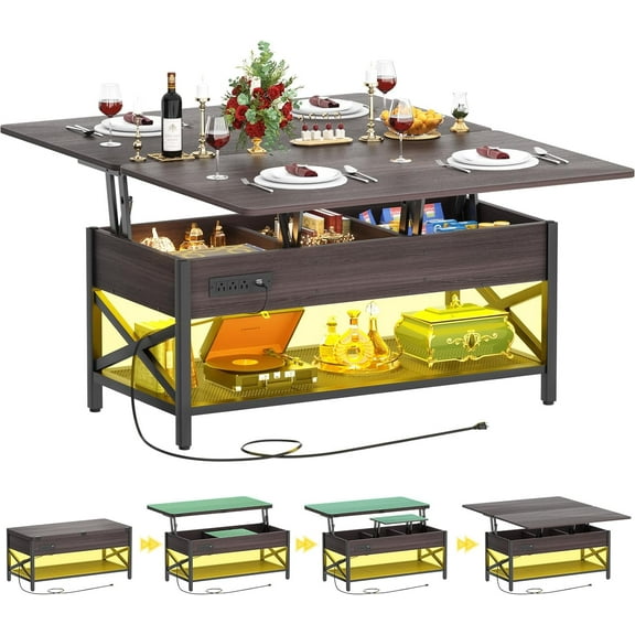YANGLI Coffee Table Lift Top Multi-Function Converts to Dining Table, with LED Light & Power Outlet, Center Table with Shelves for Living Room/Reception/Home Office, S2 Espresso