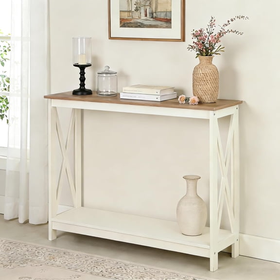 YANGLI Console Table 39.4", 2-Tier Narrow Sofa Table Behind Couch, Farmhouse Entryway with Storage for Living Room/Entrance/Hallway, Easy Assembly, Ivory White