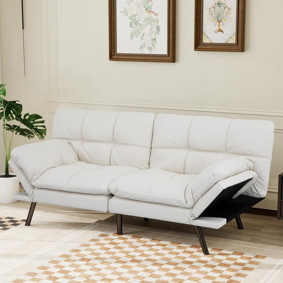 YANGLI Convertible Futon Sofa Bed w/ Memory Foam, Small Splitback Modern Loveseat, Faux Leather, White, for Living Room/Office/Apartment