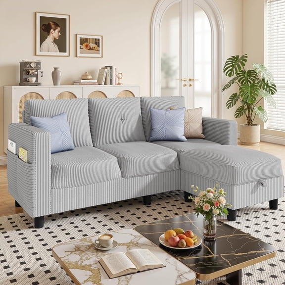 YANGLI Convertible L-Shaped Sectional Sofa with Reversible Storage Ottoman  3-Seat Couch with Side Pockets  Modern Compact Furniture for Small Apartments, Studios & Lofts  Light Grey