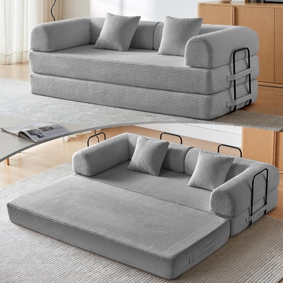 YANGLI Convertible Sleeper Sofa Bed Corduroy Fabric, High-Density Sponge, Fixed-Shape Frame Modular Sofa Bed for Living Room, Lounge, Studio Light Grey