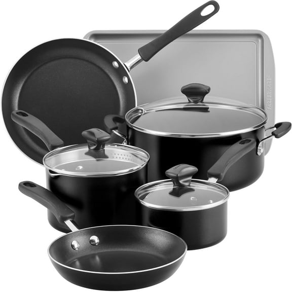 YANGLI Cookstart DiamondMax 15-Piece Nonstick Cookware Set | Includes Glass Lids & Baking Pan, Dishwasher Safe Kitchen Tools, Black