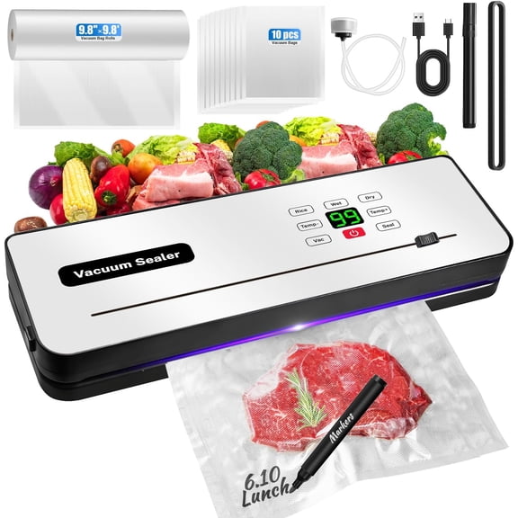 YANGLI Cordless Vacuum Sealer with UV-C Light – Digital Display, Built-in Cutter, Includes 10 Bags & 1 Roll, Silver