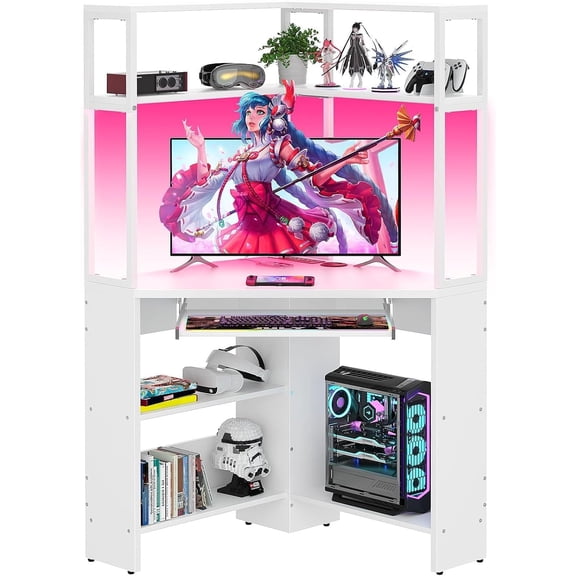 YANGLI Corner Desk with Hutch & LED Light, L-Shaped with Power Outlets & USB Ports, Keyboard Tray & Shelves, White