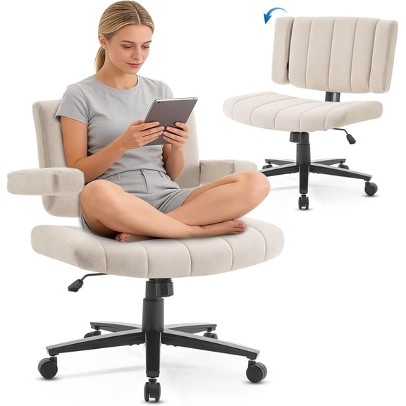 YANGLI Cross Office Chair, Plush Oversized for Cross-Legged Sitting, Adjustable Arms & 360° Swivel Casters, Comfortable Computer Chair for Home Office/Study/Gaming/Vanity, White