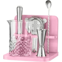 YANGLI Crystal Cocktail Mixing Glass Set with Bamboo Stand – 22 Oz, Pink Design