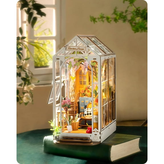 YANGLI DIY Book Nook Kit Garden House 3D Miniature Bookend with LED, Bookshelf Decor for Adults