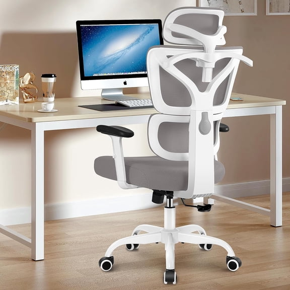 YANGLI Ergonomic Desk Chair, High Back Gaming Chair, Big and Tall Reclining Comfy Home Office Desk Chair with Lumbar Support, Breathable Mesh, Adjustable Armrests, Gray