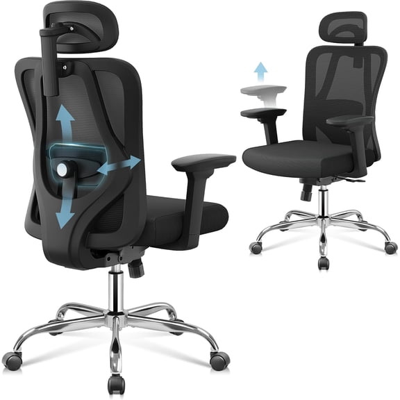 YANGLI Ergonomic Mesh Office Chair with Adjustable 3D Headrest and Tilt Function, Big and Tall Reclining Comfy Home Computer Desk Chair with Lumbar Support and 3D Armrests, Black