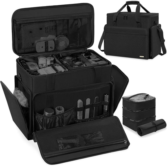 YANGLI Extra Large Makeup Case with 4 Removable Pouches, Professional Train Case for Hairstylists & Makeup Artists, Black