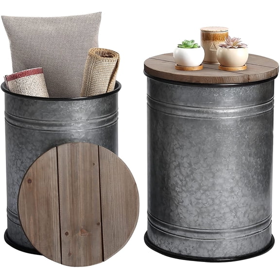YANGLI Farmhouse Accent Side Table, Rustic Storage Ottoman Seat Stool, Galvanized Antique Metal End Table Box Bin with Round Wood Lid, Coffee/Cocktail Table, Nesting Set of 2, Pure Galvanized