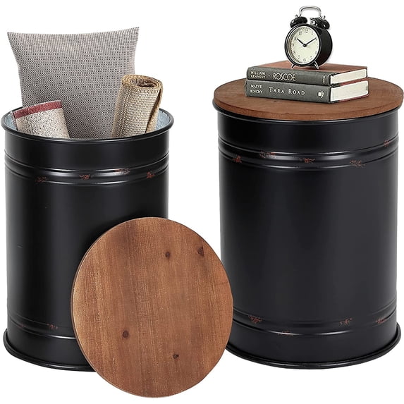 YANGLI Farmhouse Accent Side Table, Rustic Storage Ottoman Seat Stool, Galvanized Antique Metal End Table Box Bin with Round Wood Lid, Nesting Set of 2, Black