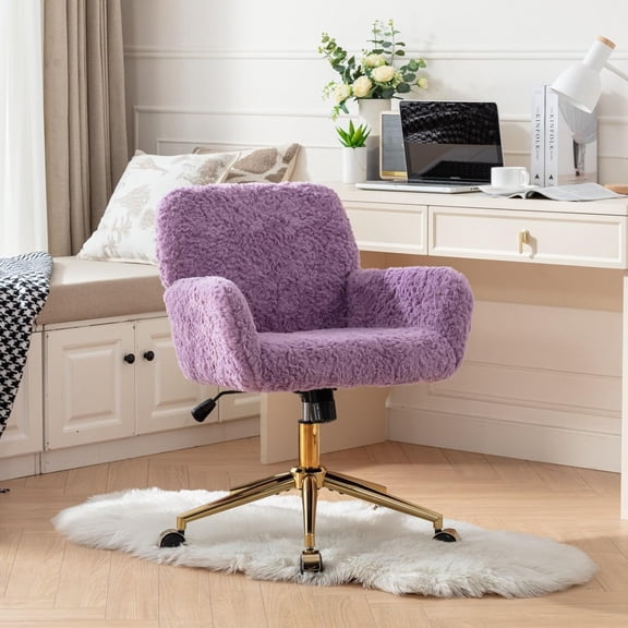 YANGLI Faux Fur Desk Chair Vanity Makeup Gold Base Comfy Violet Fluffy Swivel Home Office Chair with Wheels Height Adjustable