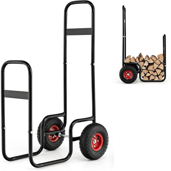 YANGLI Firewood Rack with Wheels, 220 lbs Capacity Steel Log Holder with Pneumatic Tires, Black