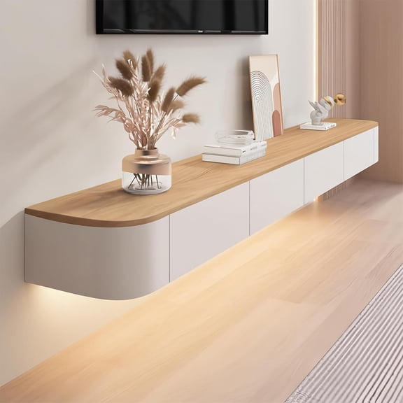 YANGLI Floating TV Stand 47" Wall Mounted w/ LED  Modern TV Media Console w/ Flip-Down Door & Drawers  Wood + White with LED
