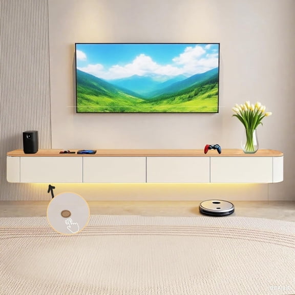 YANGLI Floating TV Stand  Wall Entertainment Center w/ Flip-Down Doors & Drawers  Hanging TV Shelf for 65-80" TV  White+Wood+LED, 63"