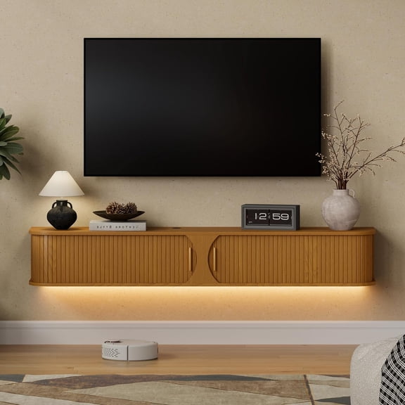 YANGLI Floating TV Stand w/ LED Light  Wall Mounted Media Console w/ Sliding Doors & Storage  63"  Yellow Walnut