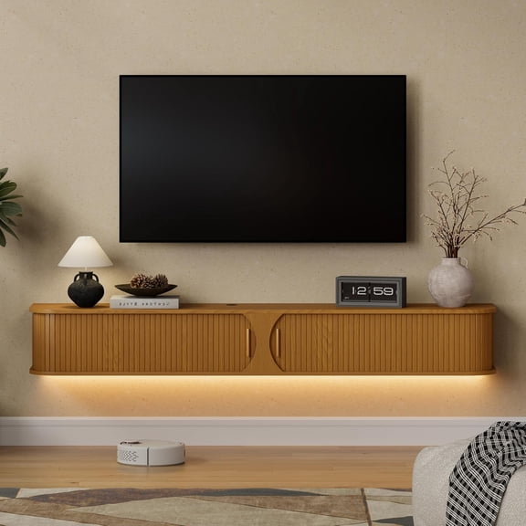 YANGLI Floating TV Stand w/ LED Light  Wall Mounted Media Console w/ Sliding Doors & Storage  71"  Yellow Walnut