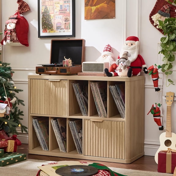YANGLI Fluted Boho Record Storage Cabinet, Holds 450 Albums, Natural Oak