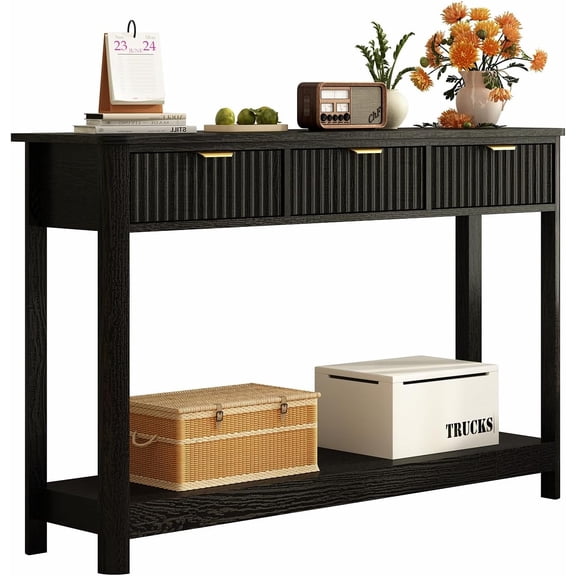 YANGLI Fluted Wood Console Table with 3 Drawers & Open Shelf, Boho Narrow Behind Couch Entryway Table, Modern Sofa for Living Room/Foyer/Hallway, Black