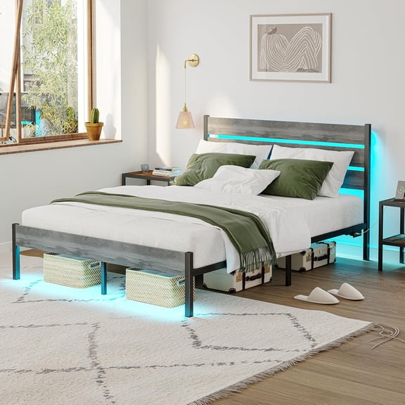 YANGLI Full Bed Frame with Charging Station & LED Light, Metal Frame with Wooden Headboard, No Box Spring Needed, No Noise, Easy Assembly, Light Grey