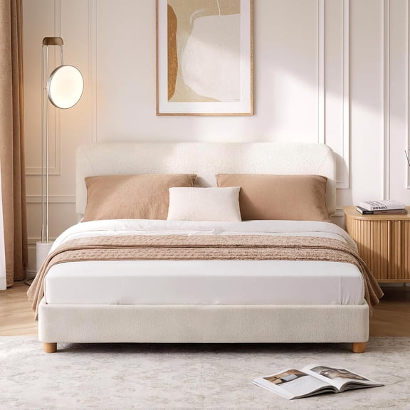 YANGLI Full Cloud Bed Frame, Upholstered Boucle with Adjustable Headboard, Solid Wood Legs, Rounded Corners, Modern Platform, Cream