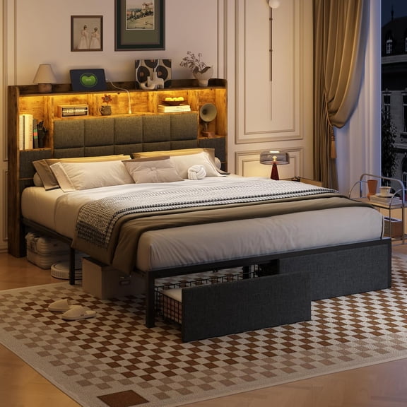 YANGLI Full LED Bed Frame with Bookshelf Headboard, 2 Hidden Storage Drawers, Upholstered Platform with Charging Station, Metal Slats, Noise-Free, No Box Spring Needed