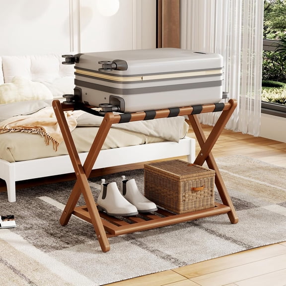 YANGLI Fully Assembled Walnut Bamboo Luggage Rack with Shoe Shelf, Foldable Suitcase Stand, 26.77” L, for Guest Room, Bedroom & Hotel