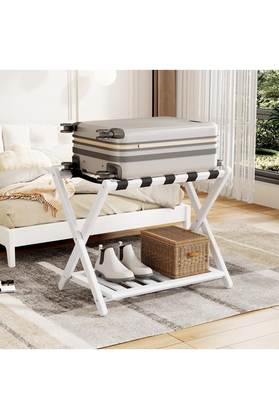Fully Assembled White Bamboo Luggage Rack with Shoe Shelf, Foldable Suitcase Stand, 26.77” L, for Guest Room & Hotel