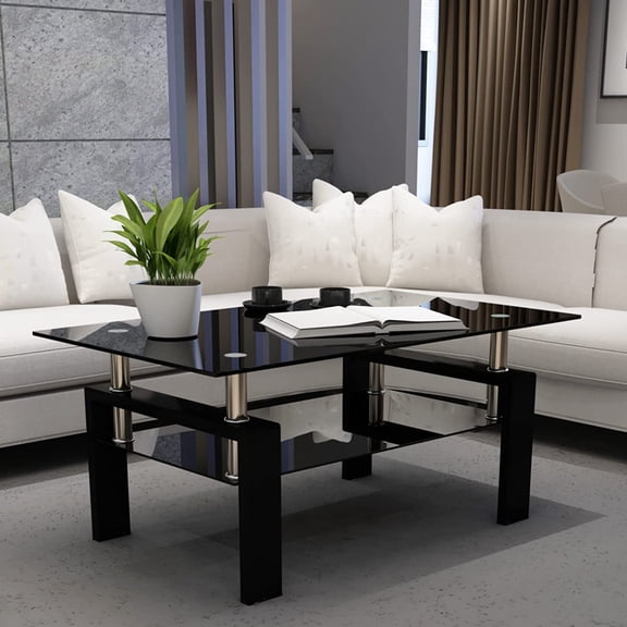 YANGLI Glass Coffee Table, Black Living Room Rectangle with Tempered Glass & Metal Tube, 2 Layers of Storage Space, Modern Tea Table for Waiting Room/Small Space