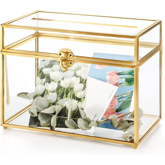 YANGLI Glass Wedding Card Box with Lock Gold Rim Envelope Gift Holder for Wedding & Events