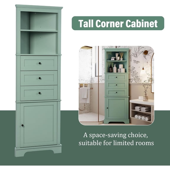 YANGLI Green Bathroom Triangular Tall Corner Cabinet  MDF, 3 Drawers, Adjustable Shelf  for Bathroom/Kitchen/Living Room