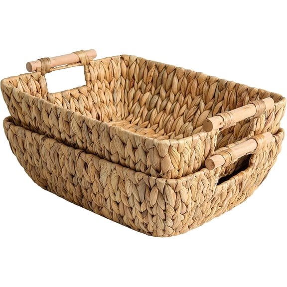 YANGLI Hand-Woven Jumbo Storage Baskets 2-Pack, Water Hyacinth Wicker Baskets with Wooden Handles for Organizing