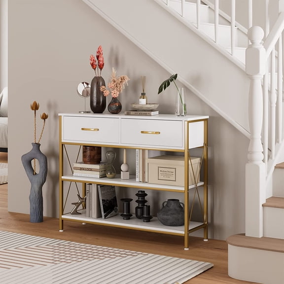 YANGLI Industrial Console Table with 2 Drawers & 3-Tier Shelves, Narrow Long Entryway Table, Sofa Foyer Table for Living Room/Hallway/Entry/Kitchen, White/Gold