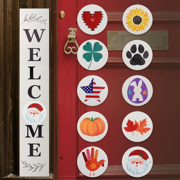 YANGLI Interchangeable Welcome Sign – 47” Black Wooden Leaner Sign with 10 Icons, White Design