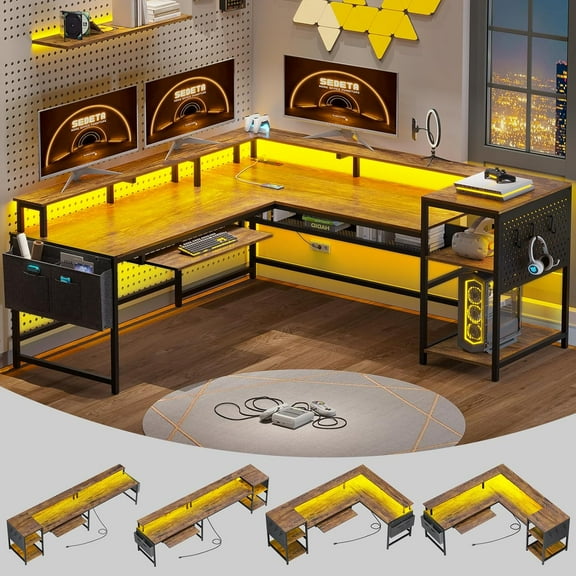 YANGLI L-Shaped Computer Desk, Reversible with Power Outlets & LED Strip, Monitor Shelf, Keyboard Tray, Pegboard & Shelves, Rustic Brown
