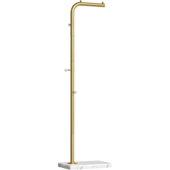 YANGLI L-Shaped Gold Coat Rack, Modern Metal Coat Tree with 3 Hooks & Thickened Base, Floor Standing Hanger Stand for Entryway, Living Room, Cloakroom, Gold & White