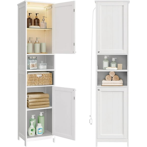 YANGLI LED Bathroom Storage Cabinet, Tall Slim Freestanding Design with Adjustable Shelves, for Small Spaces, Modern Style, 15.7 Inches Wide, Cloud White